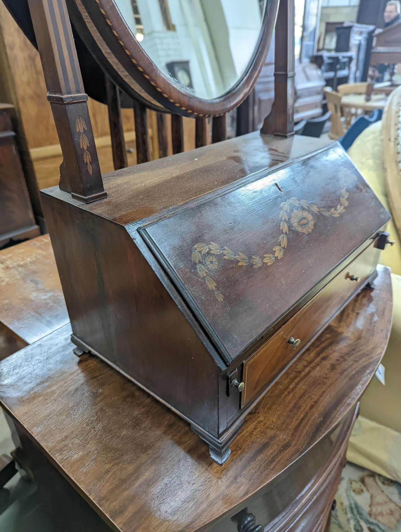 An Edwardian style inlaid mahogany toilet mirror / bureau, width 42cm, depth 25cm, height 76cm